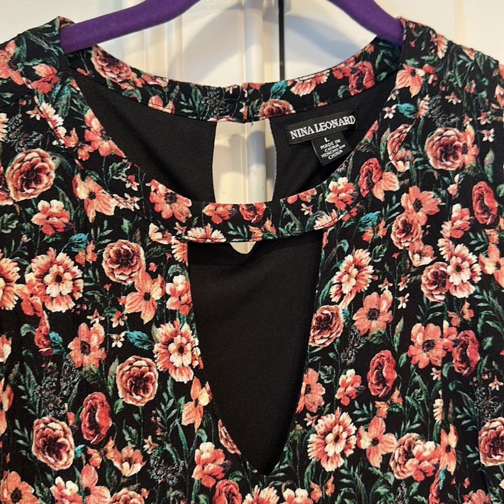 Nina Leonard black and pink floral long sleeve dress. - Picture 4 of 6
